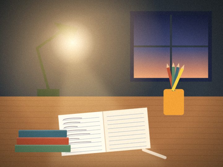Illustration of a desk by an evening window with an open notebook, pencils, stacked books and a glowing lamp.