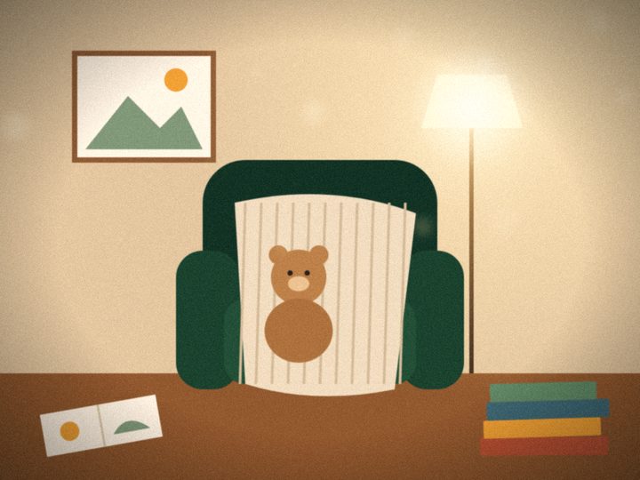 Illustration of a green armchair with a knitted blanket, a teddy bear, picture books and a floor lamp.