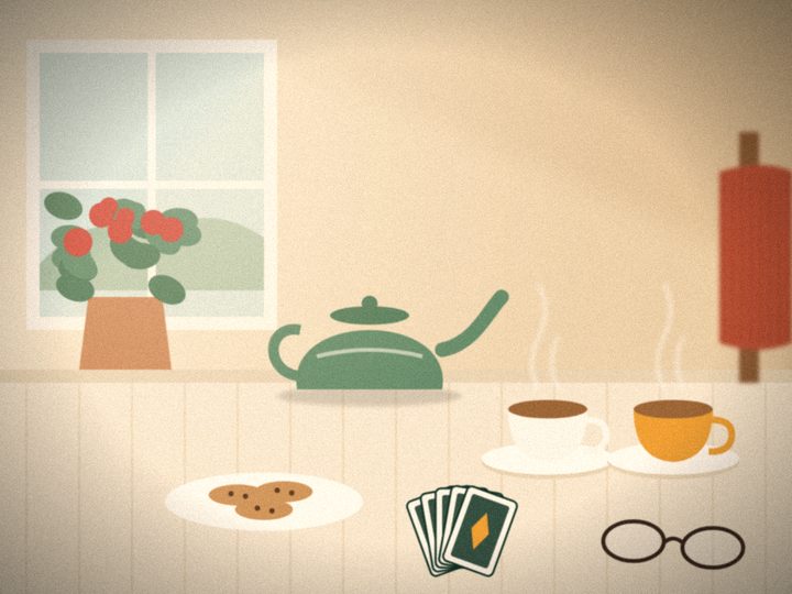 Illustration of tea for two by a sunny window, with a teapot, cookies, playing cards and reading glasses.